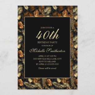 Invitation Bronze Gold Black Feuilles 40e fête d'anniversaire