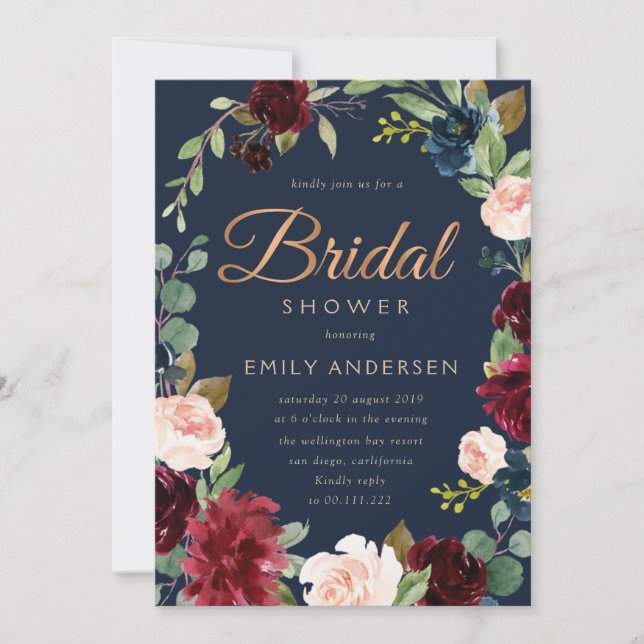 Invitation Bronze moderne script bordeaux marine douche nupti (Devant)