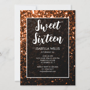 Invitation Bronze orange étincelles Sweet 16 élégant script
