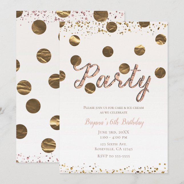 Invitation Bronze Pois Rose or moderne fête d'anniversaire (Devant / Derrière)