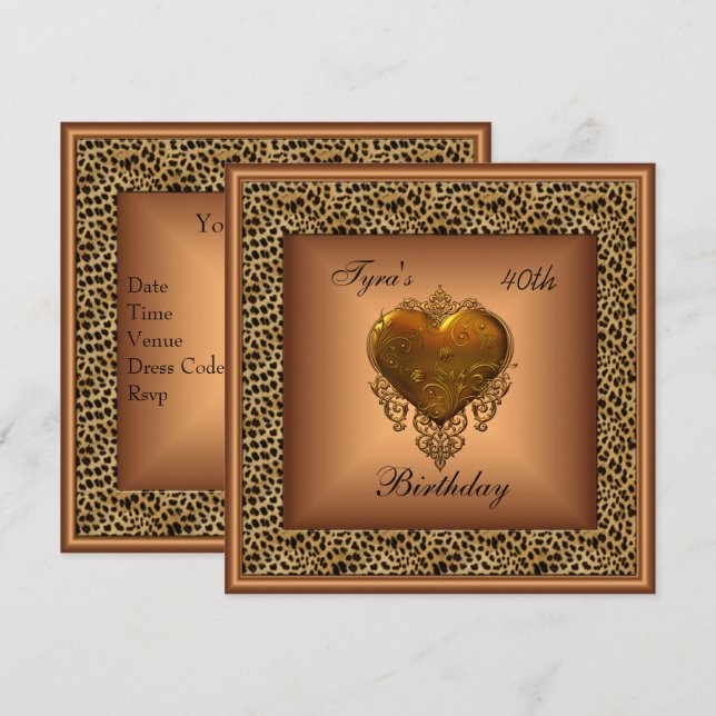 Invitation Bronze sauvage Bijou de coeur Or élégant 40e anniv (Devant / Derrière)