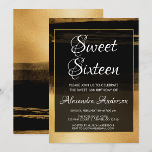 Invitation Brosse à huile noire et or Tricoter Sweet 16 Anniv