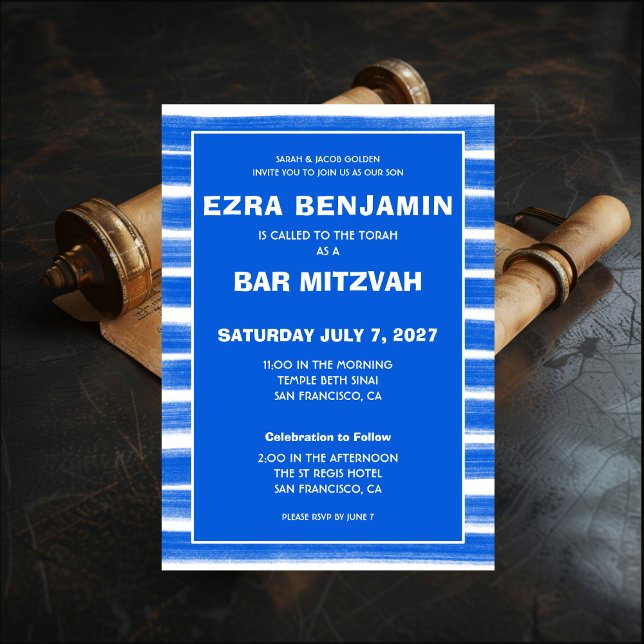 Invitation Brosse Bleu Bat mitzvah de la barre personnalisée (Brushstrokes Stripes Blue Custom Bar Bat Mitzvah Invitation
)