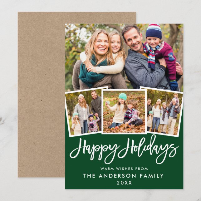 Invitation Brosse Kraft Script 4 Photo Green Holiday Card (Devant / Derrière)