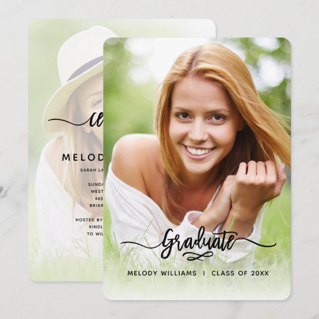 Invitation Brossé Moderne Calligraphie 2 Photo Grad Party (Devant / Derrière)