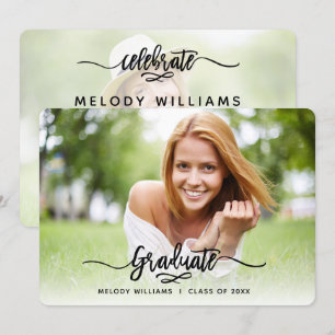 Invitation Brossé moderne Script 2 Photo Graduation Party