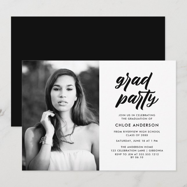 Invitation Brosse noire moderne Script Photo Graduation Party (Devant / Derrière)