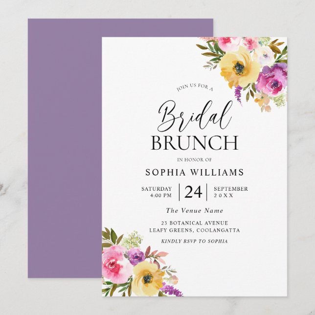 Invitation Brosse Purple Blush Fête des mariées Florale Brunc (Devant / Derrière)