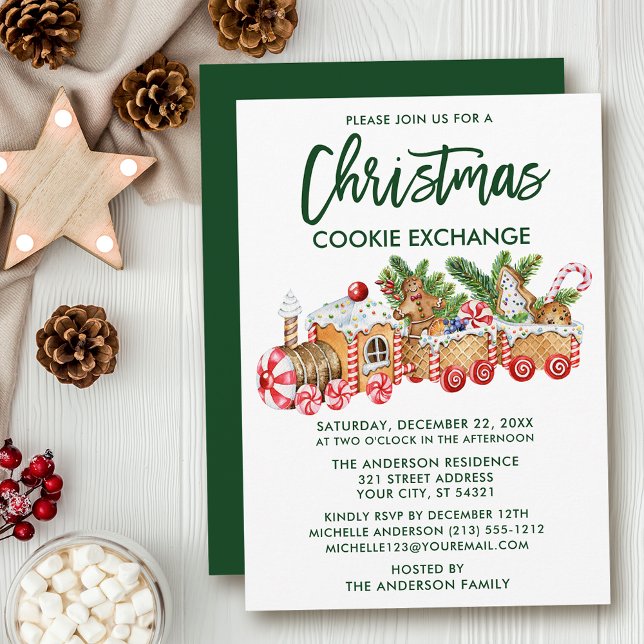 Invitation Brosse Script Christmas Cookie Exchange (Customize to change your personalized text size, style, color or to change color of back of card.)