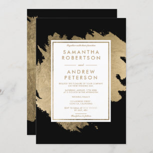 Invitation Brosses or moderne noir blanc chic mariage