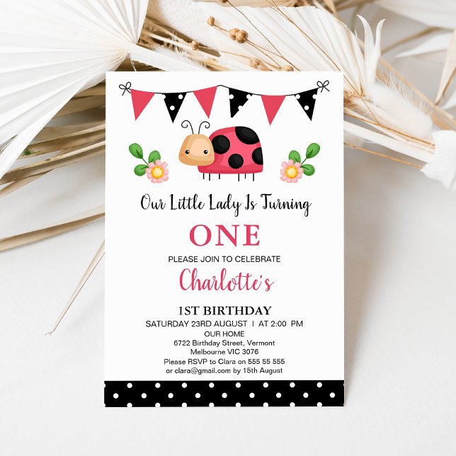 Invitation Brouillard rouge Notre petite coccinelle 1er anniv (Polka Dots Ladybug Birthday Invitation Template Girl, Ladybug Themed 1st Birthday Invitation Bunting)