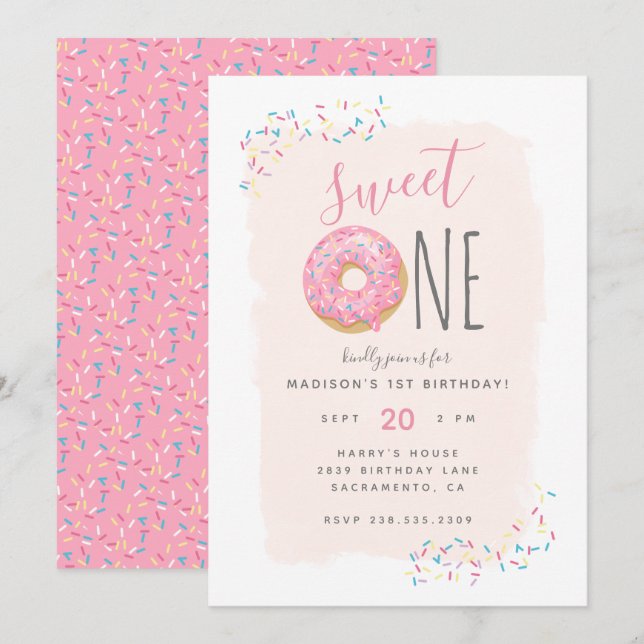 Invitation Brouiller | Doughnut rose saupoudrer doux 1er anni (Devant / Derrière)