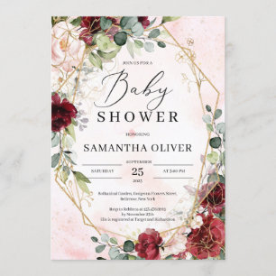 Invitation Brousse moderne bordeaux or floral géométrique béb