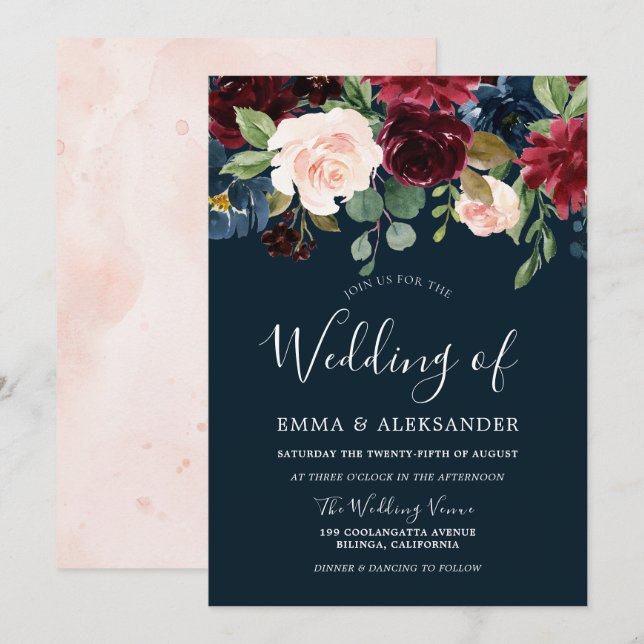 Invitation Brousset Bourgogne et Mariage floral marine (Devant / Derrière)