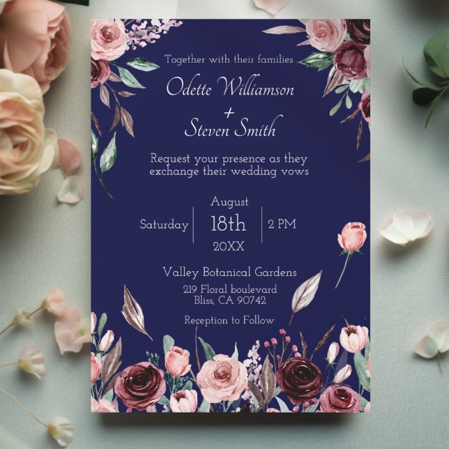 Invitation Brousset de Bourgogne et Mariage romantique de la  (A navy blue wedding invitation with blush pink and burgundy watercolor flowers and script text)