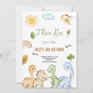 Invitation Brown And Green Dinosaur Three Rex 3rd Birthday 
