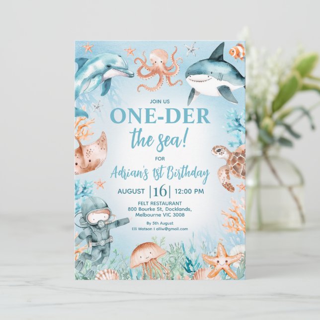 Invitation Brown Blue Boys au bord de la mer 1er anniversaire (Debout devant)