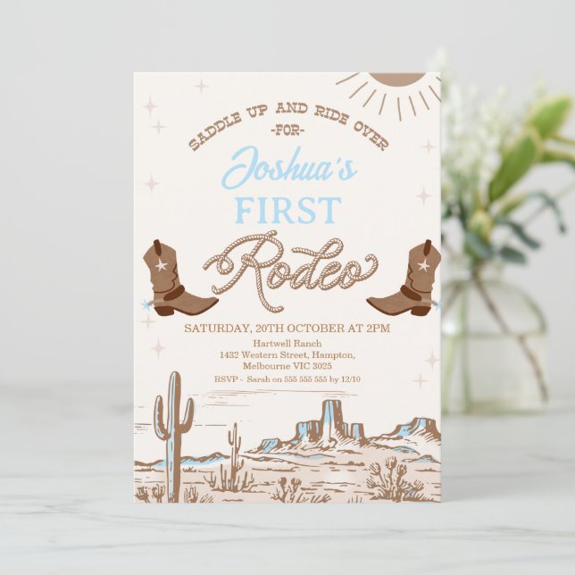 Invitation Brown Blue Cowboy Bottes Premier Rodéo 1er Anniver (Debout devant)
