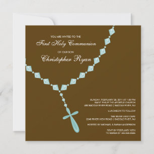 Invitation Brown Blue Rosary First Holy Communion