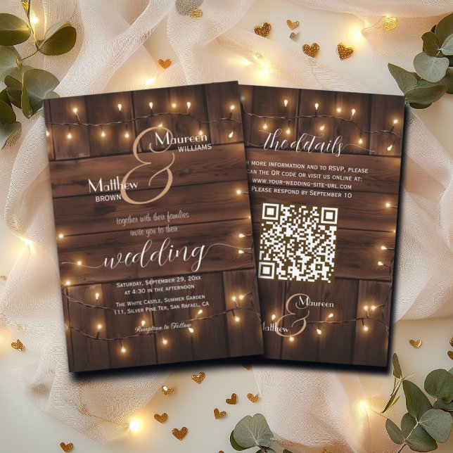 Invitation Brown Bois Rustique Lumières à cordes Code QR Mari (Créateur téléchargé)