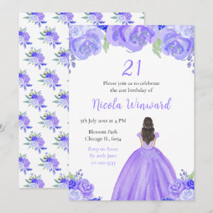 Invitation Brown Cheveux Princess Purple Floral fête d'annive