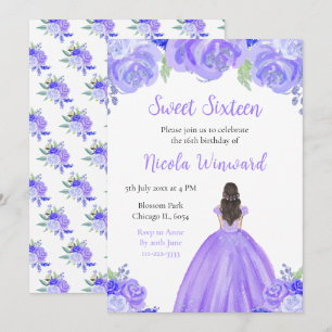 Invitation Brown Cheveux Princesse Purple Sweet sixteen Flora