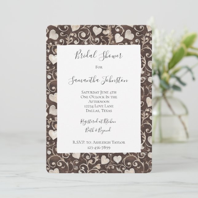 Invitation Brown Cream Hearts Bridal Shower (Debout devant)