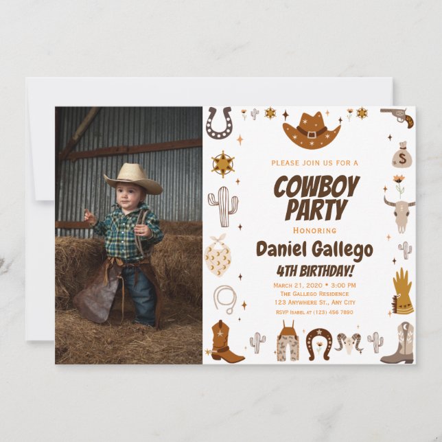 Invitation Brown Cute Cowboy Photo Anniversaire (Devant)