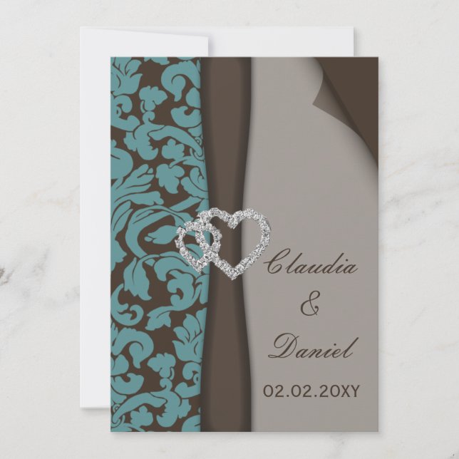 Invitation Brown Damask FAUX ruban diamante conception (Devant)