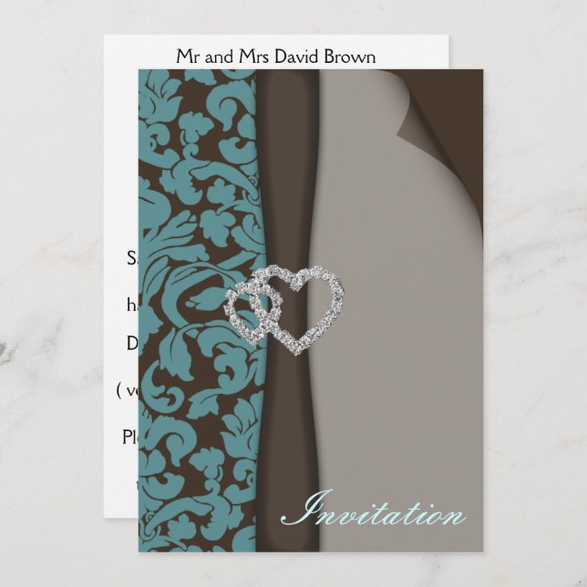 Invitation Brown Damask FAUX ruban diamante conception (Devant / Derrière)