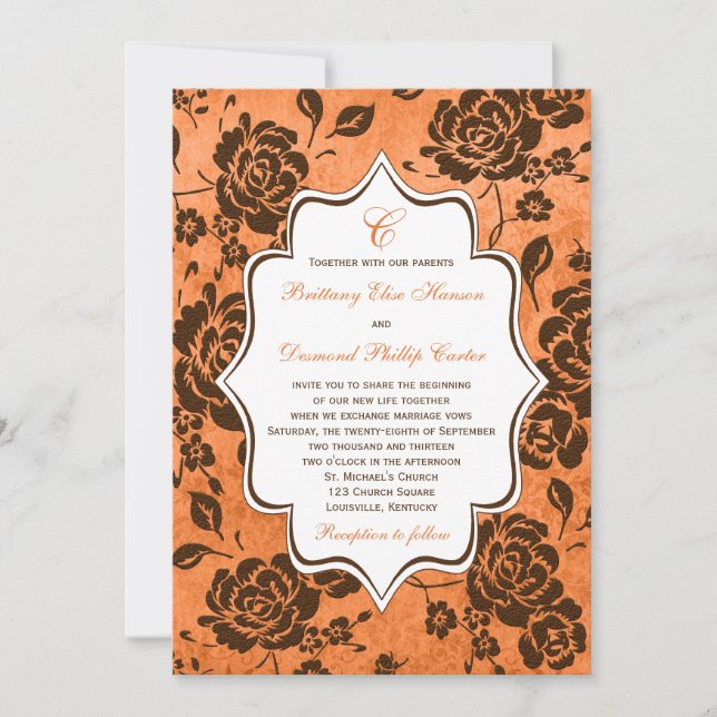 Invitation Brown et orange Floral Mariage damassé (Devant)