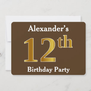 Invitation Brown, Faux Gold 12e fête d'anniversaire; Nom pers