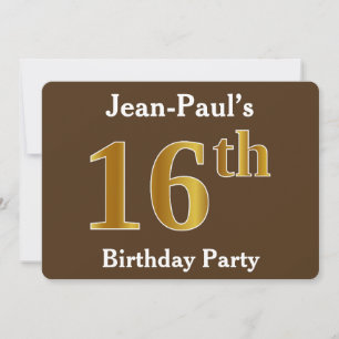 Invitation Brown, Faux Gold 16e fête d'anniversaire; Nom pers