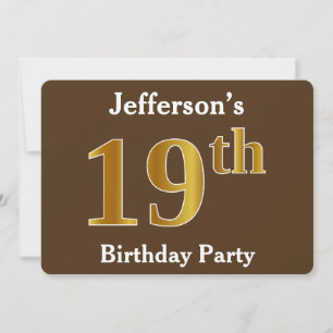 Invitation Brown, Faux Gold 19e fête d'anniversaire; Nom pers
