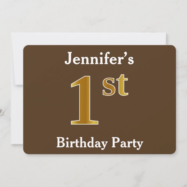 Invitation Brown, Faux Gold 1er Anniversaire ; Nom personnali (Devant)