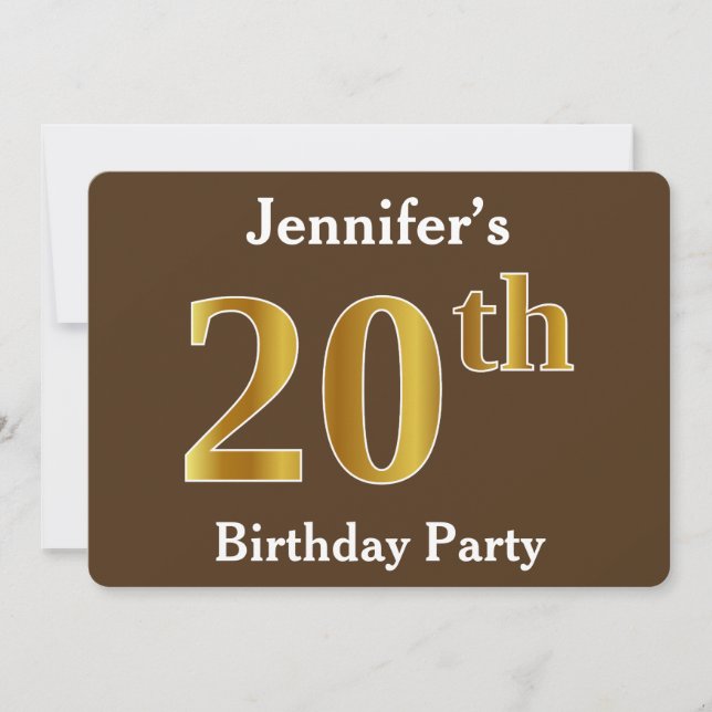Invitation Brown, Faux Gold 20th Birthday Party; Nom personna (Devant)