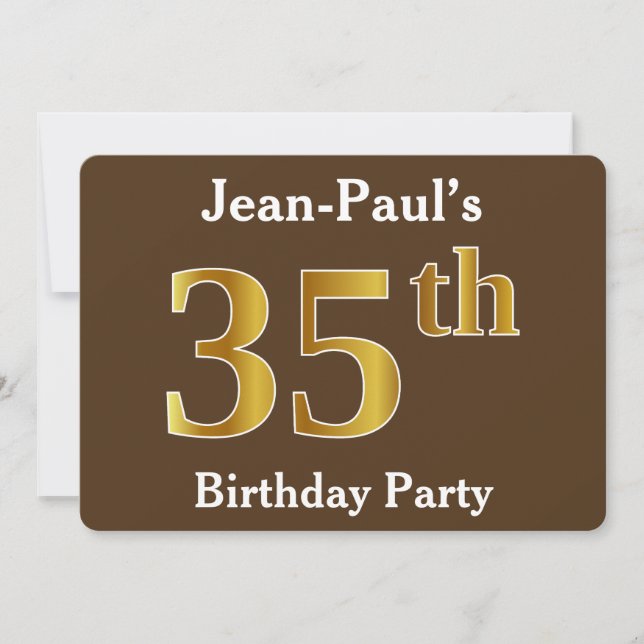 Invitation Brown, Faux Gold 35th Birthday Party; Nom personna (Devant)