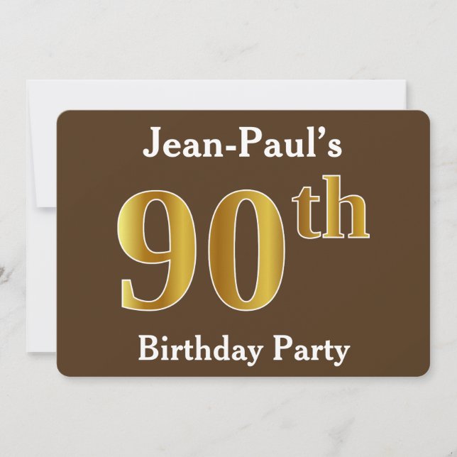 Invitation Brown, Faux Gold 90e fête d'anniversaire; Nom pers (Devant)