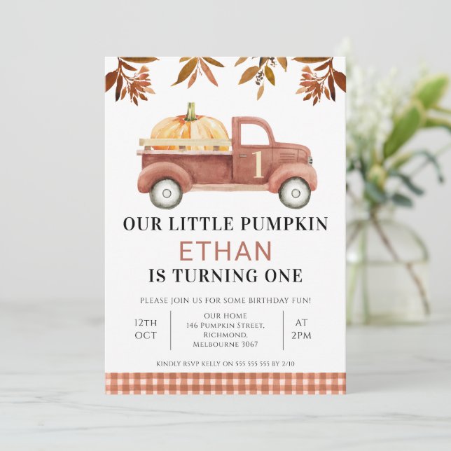 Invitation Brown Foliage Petit camion Citrouille Anniversaire (Debout devant)