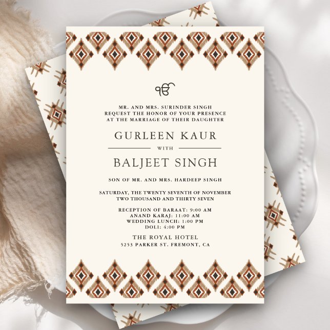 Invitation Brown Géométrique Ikat Anand Karaj Sikh Mariage (Créateur téléchargé)