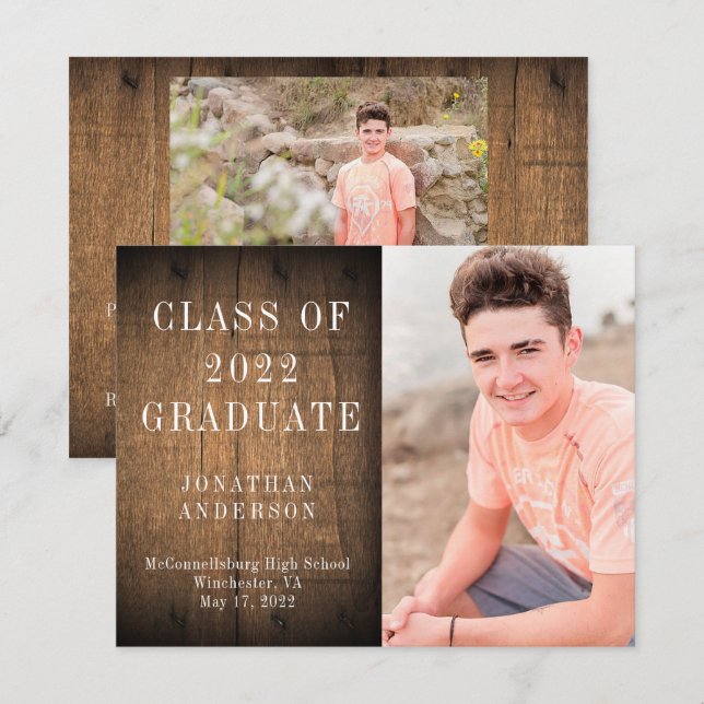 Invitation Brown Grange Wood 3 Photo Graduation Party (Devant / Derrière)
