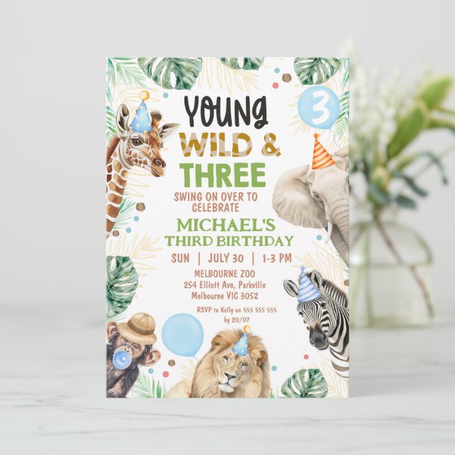 Invitation Brown Green Blue Young Wild Three 3rd Birthday (Debout devant)