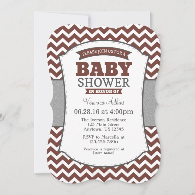 Invitation Brown Grey Chevron Baby shower (Devant)