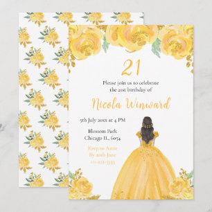 Invitation Brown Hair Princess Gold Floral fête d'anniversair