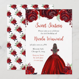 Invitation Brown Hair Princess Red Floral Sweet sixteen