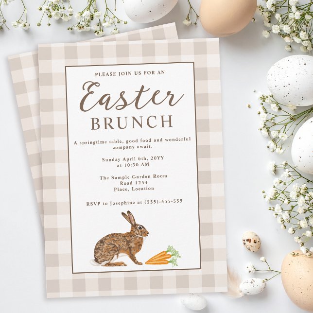 Invitation Brown Hare Beige Gingham Rustic Easter Brunch (Créateur téléchargé)