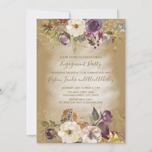 Invitation Brown ivoire violet Parties scintillant florale Pa (Devant)