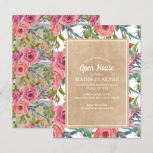 Invitation Brown Kraft Pink Boho Floral Graduation Open House