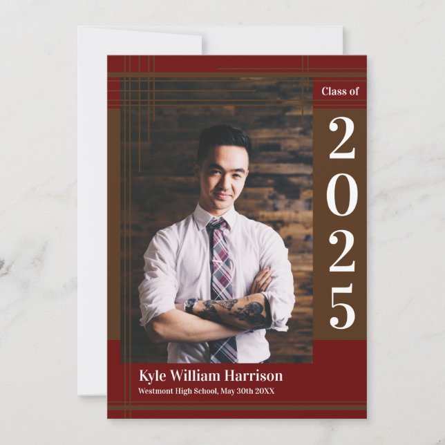 Invitation Brown Maroon School Couleur Graduation Photo Plaid (Devant)