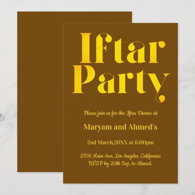 Invitation Brown moderne et Gold Iftar Party (Devant / Derrière)